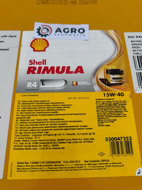 Olej silnikowy Shell Rimula R4L 15w40 beczką 209 l Olej silnikowy Shell Rimula R4L 15w40 beczką 209 l