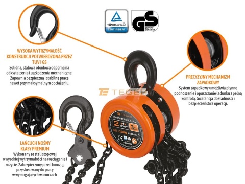 Wciągarka łańcuchowa PROFESSIONAL, 2T, 3m, cert. CE, Teger